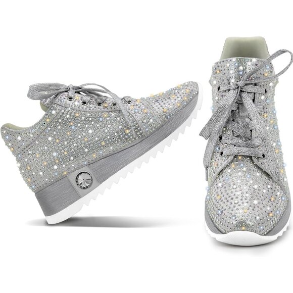 Women's Silver Glitter Trendy Sequin Rhinestone High Top Sneakers Wedge Shoes - Picture 6 of 7
